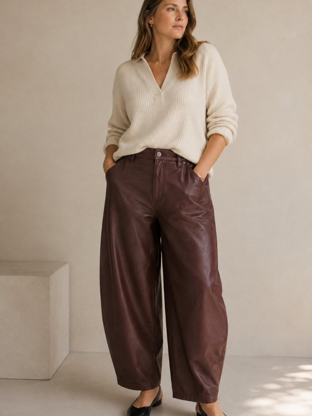 PILCRO Burgundy Faux Leather High Rise Barrel Pants Size 33 Tall NWT
